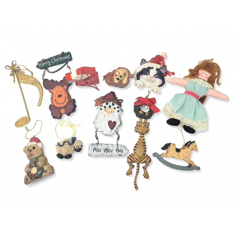Vintage Christmas Tree Ornament Lot 90s Resin Wood Doll Bear Rocking Horse Decor